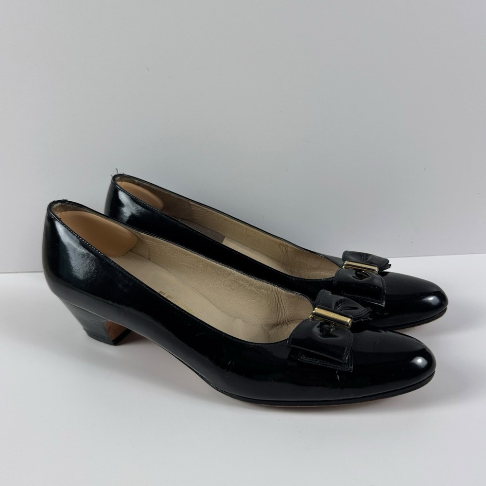 Salvatore Ferragamo Vara Black Leather Bow Babydoll Shoes Kitten Heels Sz 7.5 4A - Picture 3 of 6